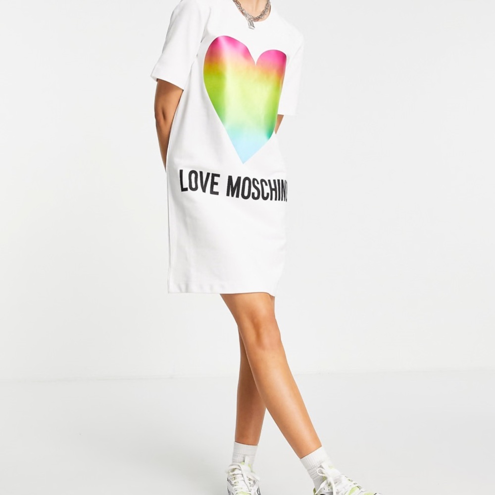 Love Moschino White Dress with Rainbow Heart